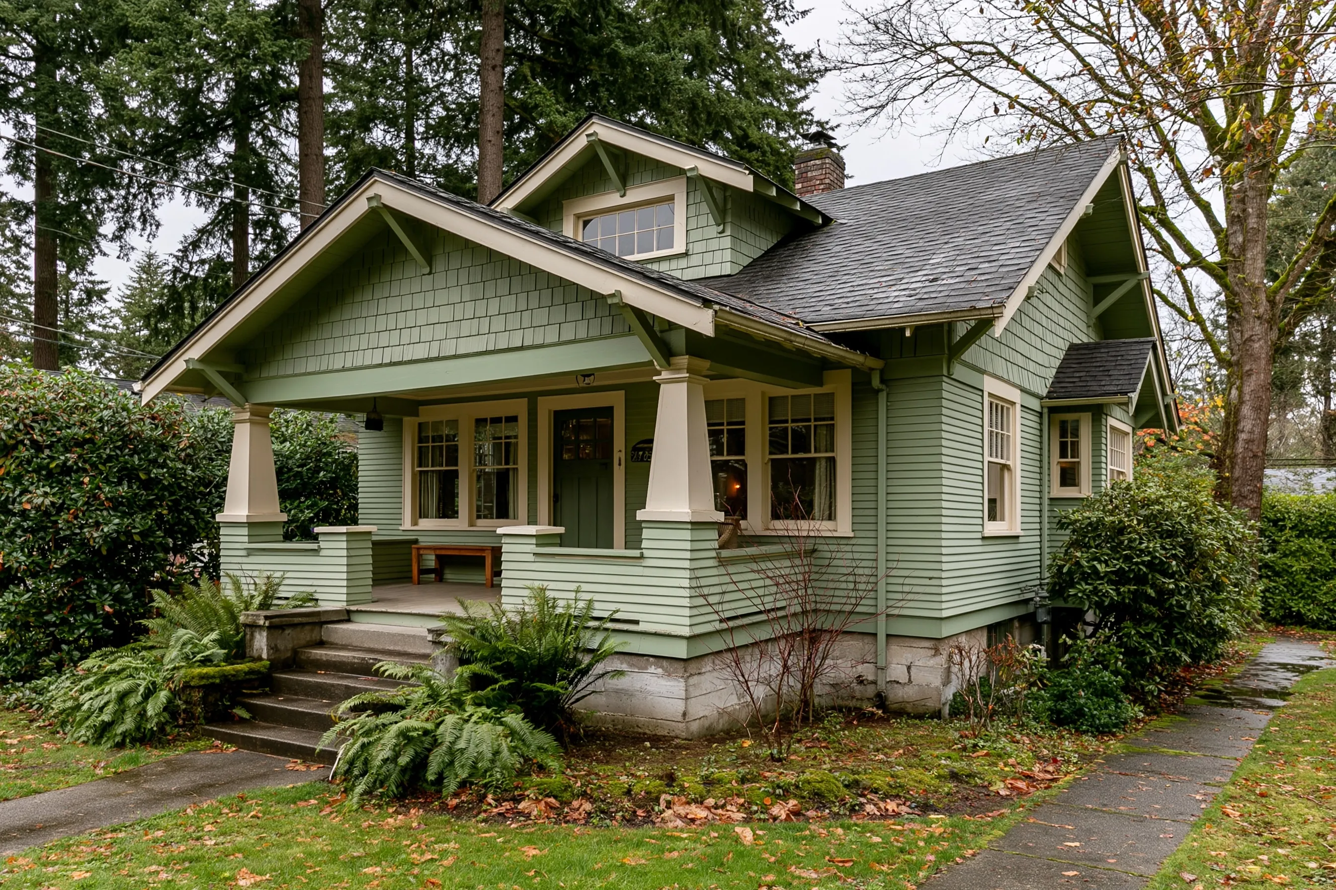 A sage-green bungalow with a wide covered porch, tapered porch columns and shingled gables, a concrete foundation wall at its base and tall evergreen trees behind it
