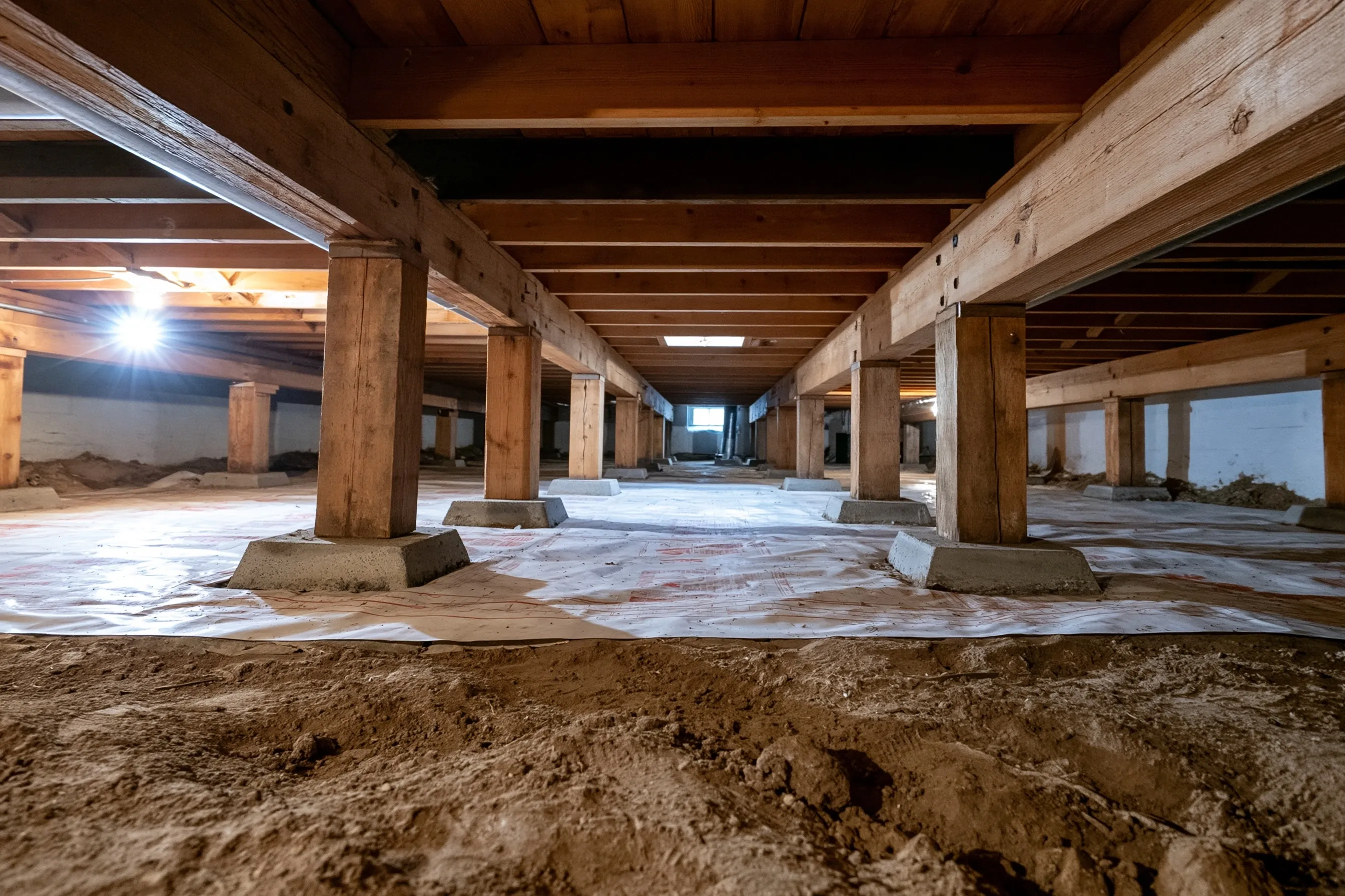 Wooden posts on concrete pads holding heavy timber beams and floor joists in a long crawlspace with a plastic ground cover over the soil