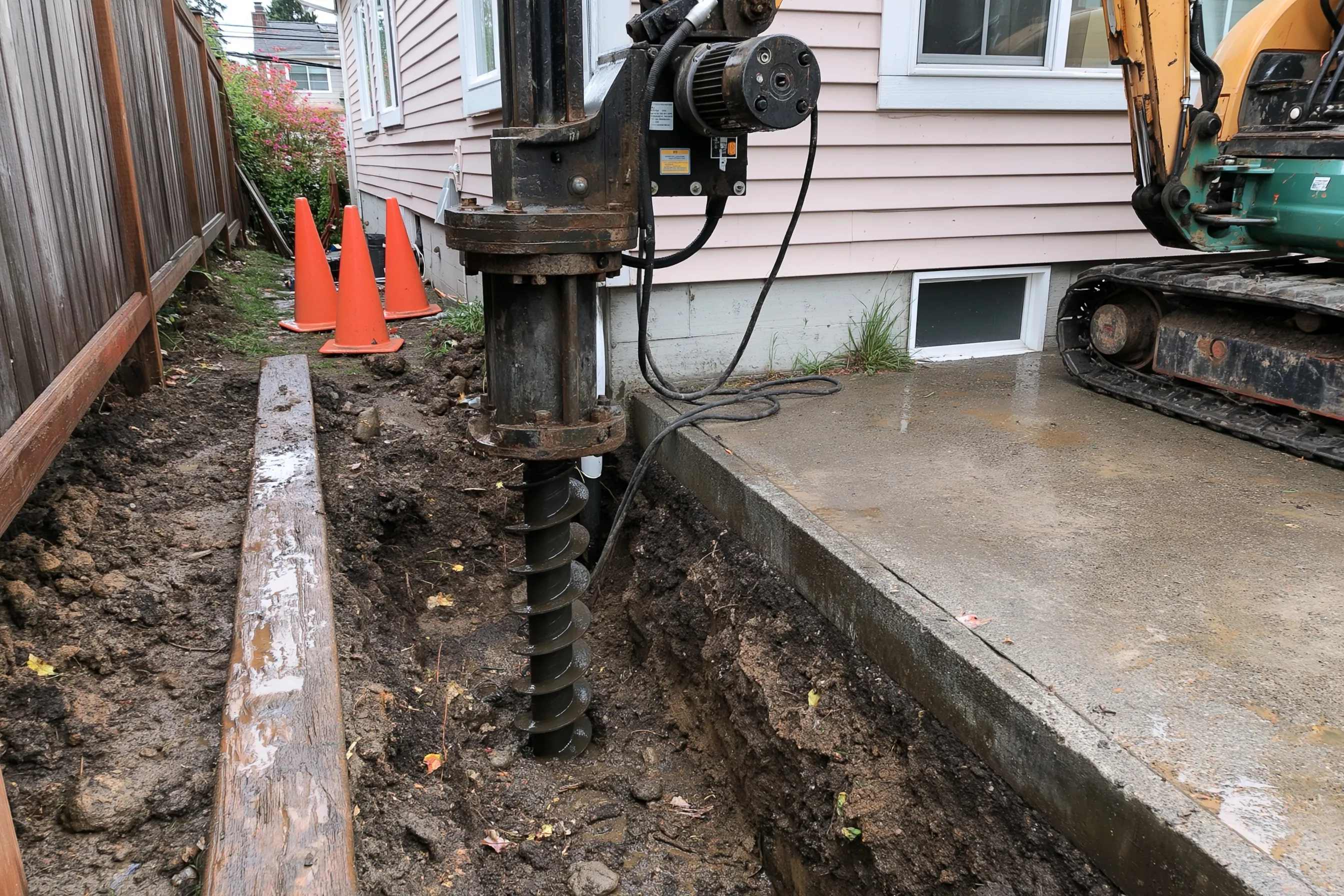 A drive head on a tracked excavator turning a steel helical shaft down into a trench beside a house and a concrete slab, with orange cones and a wood fence nearby